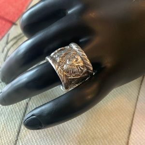 REBECCA COLLINS Vintage Sterling Carved Native American Wide Ring- RARE